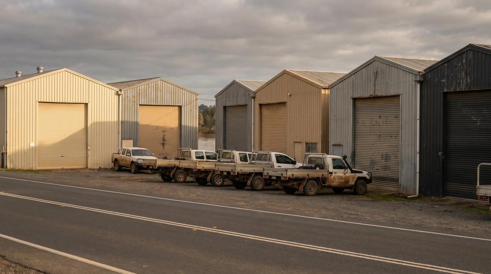 Steel industrial units with roller shutter doors on the Heatherbrae strip