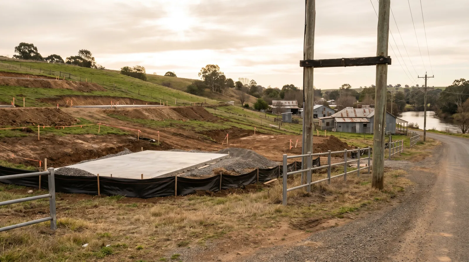 A freshly poured house slab with silt fencing and survey pegs on the Kings Hill release area