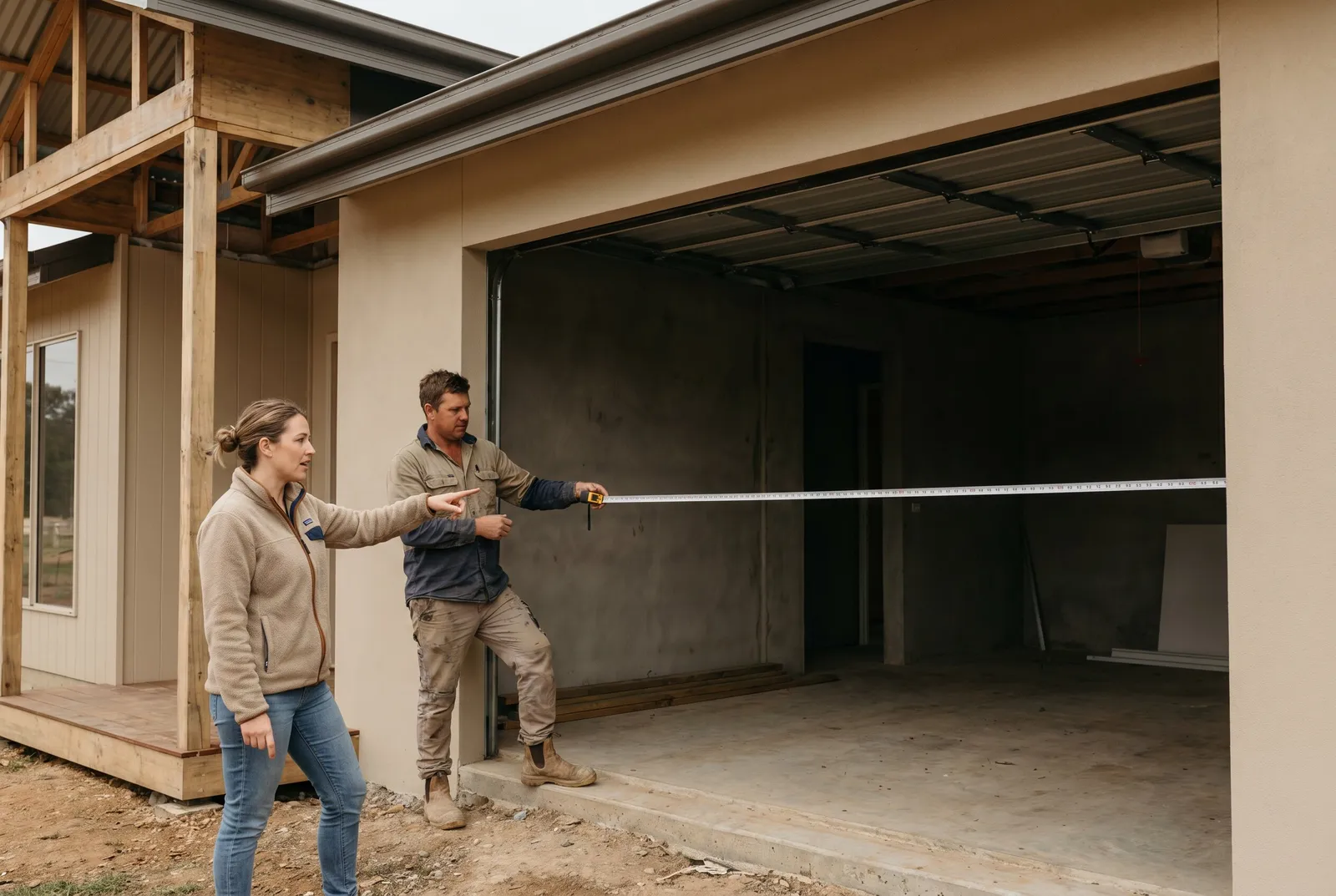 An installer measuring a wide garage opening on a new build while the owner points out a detail
