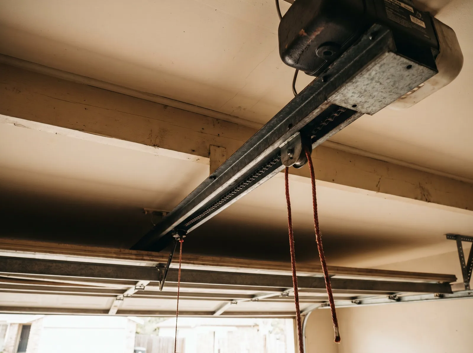 A ceiling-mounted garage door opener and rail seen from below, with the manual release cord hanging down